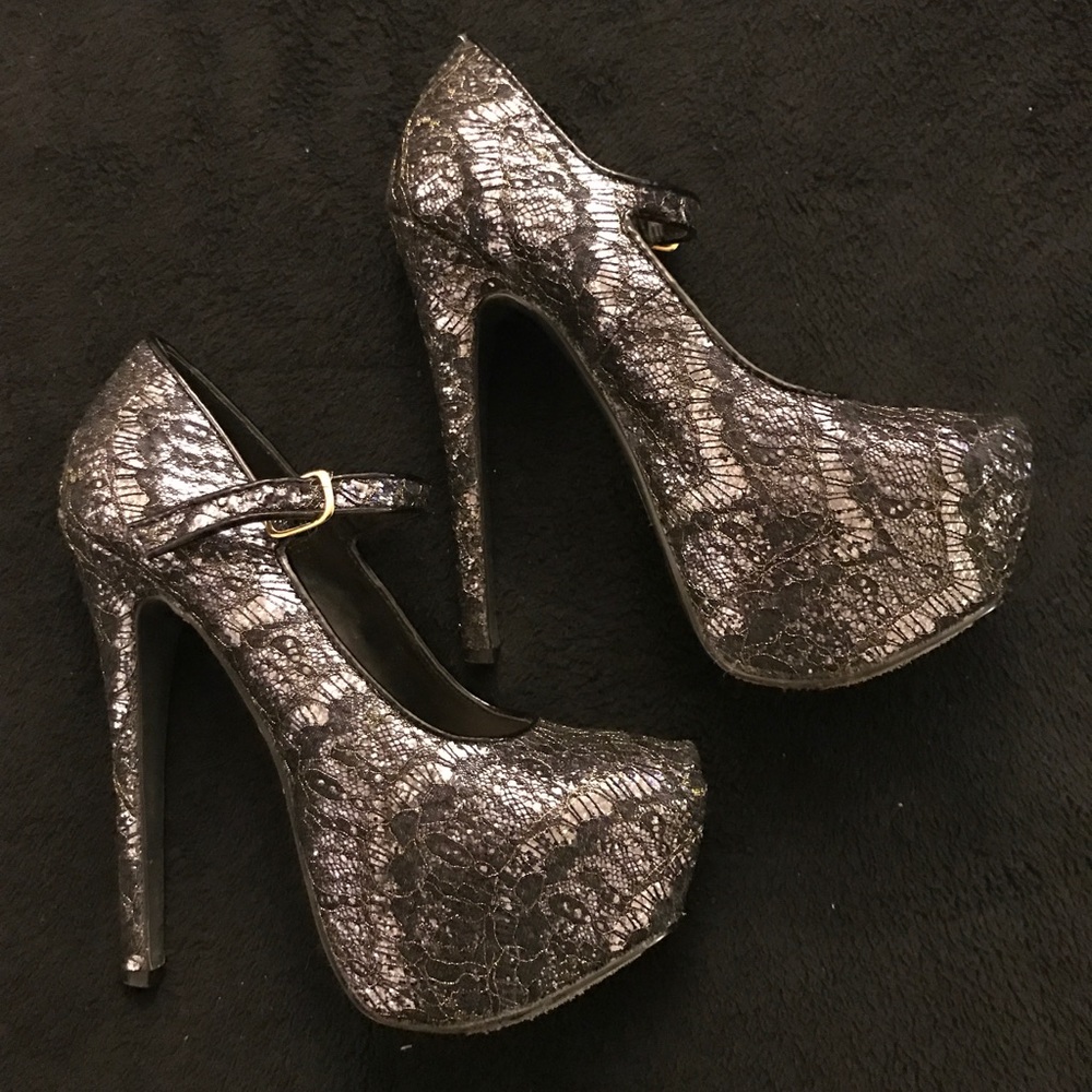 H by Halston Black and Silver Lace Platform Heels
